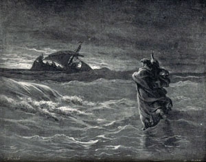 Jes&uacute;s caminando sobre las aguas del mar de Galilea, seg&uacute;n Gustave Dor&eacute;.